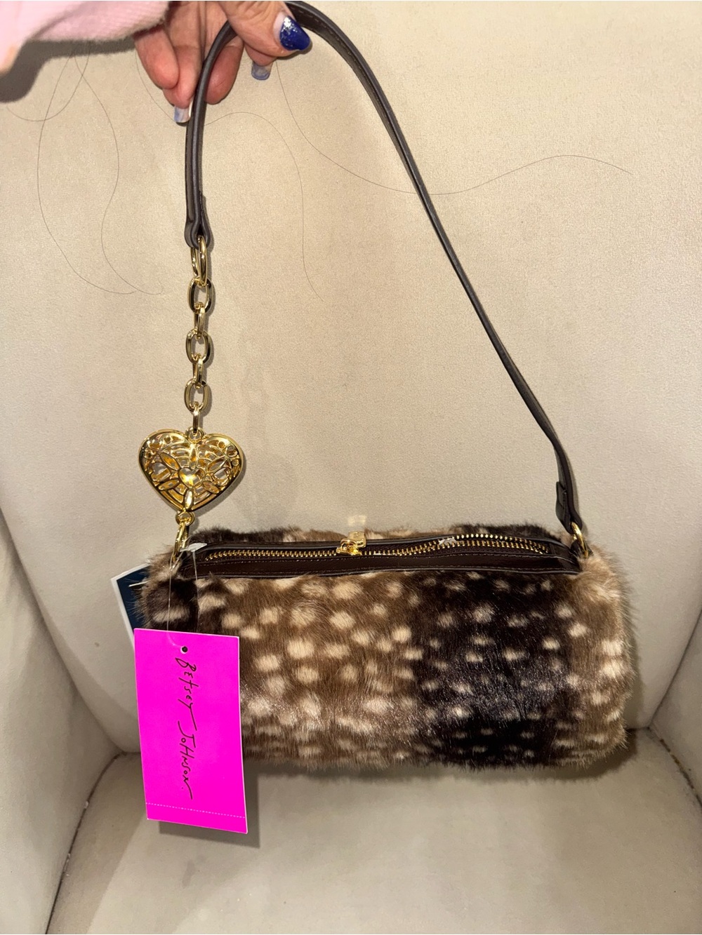 Betsey Johnson Brown Spotted Faux-Fur Barrel Shoulder Bag
